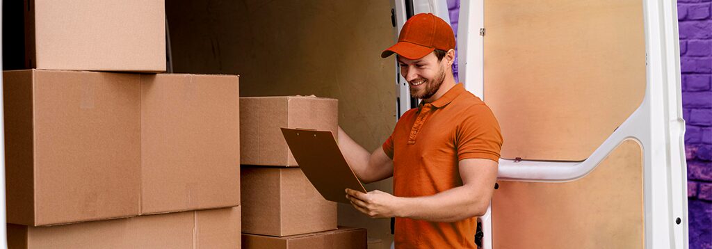 Funcionário de logística conferindo lista de pedidos com caixas ao fundo, próximo a um veículo de entregas